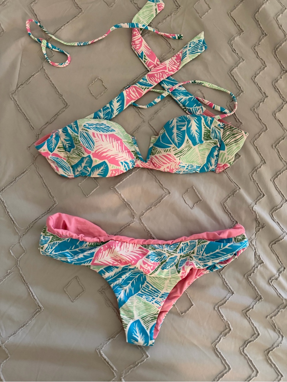 Tropical Leaf Print Bikini Set in Blue, Pink & Green